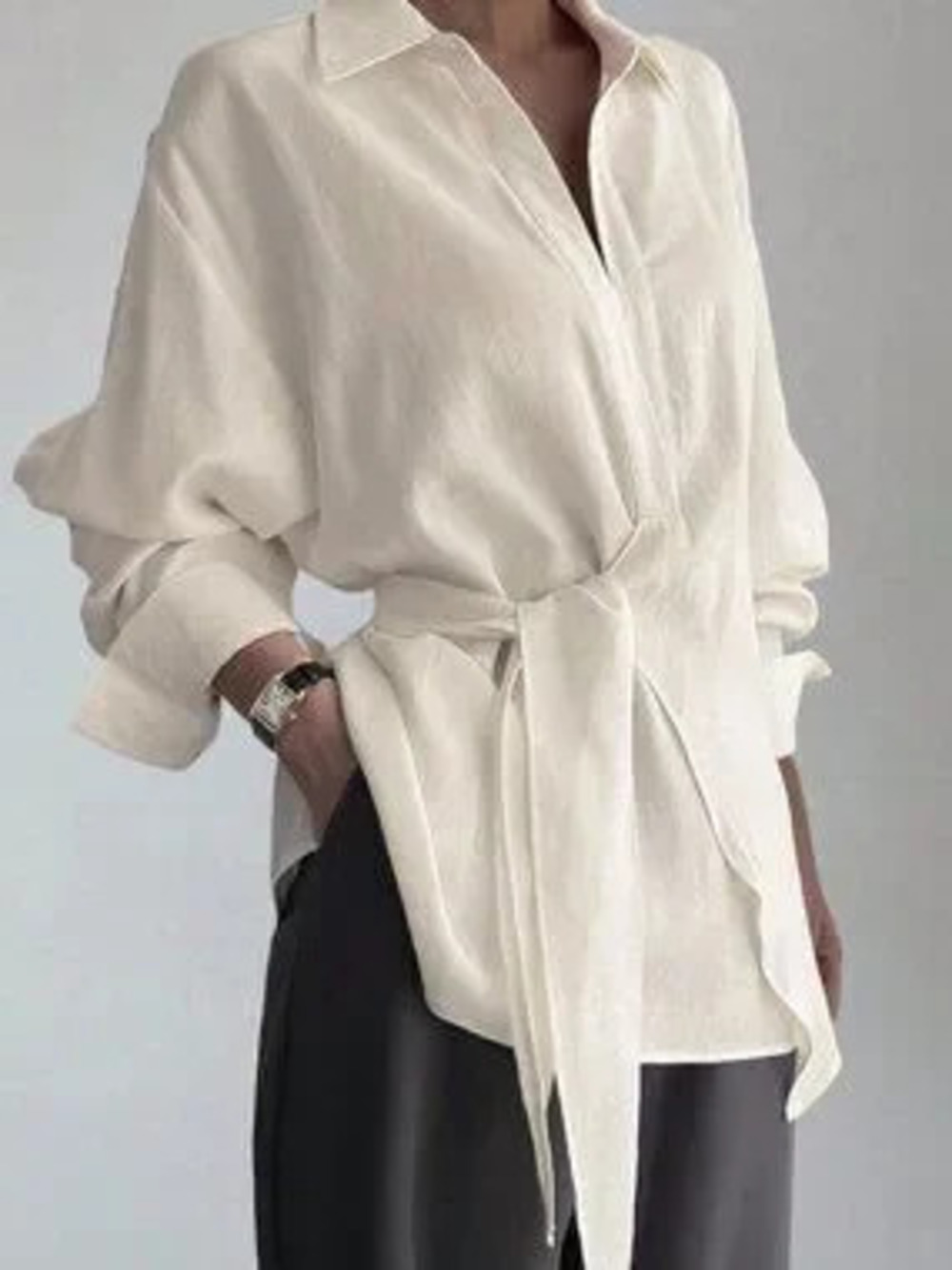ZARA White Casual Women's Half-Placket Side Tie Long Sleeve Top